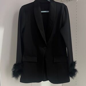 Elegant Black Blazer with Feather Cuffs